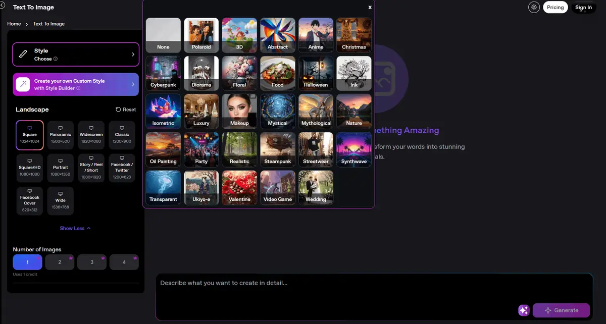 Multiple AI art style options including realistic and artistic renders